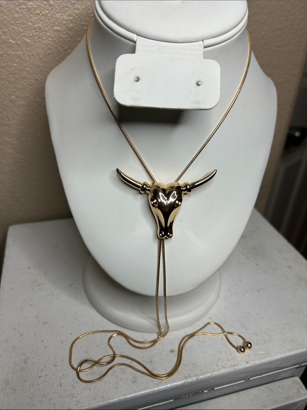 WESTERN Style Gold Bull Skull Lariat Pendant Necklace Bolo - Picture 3 of 5